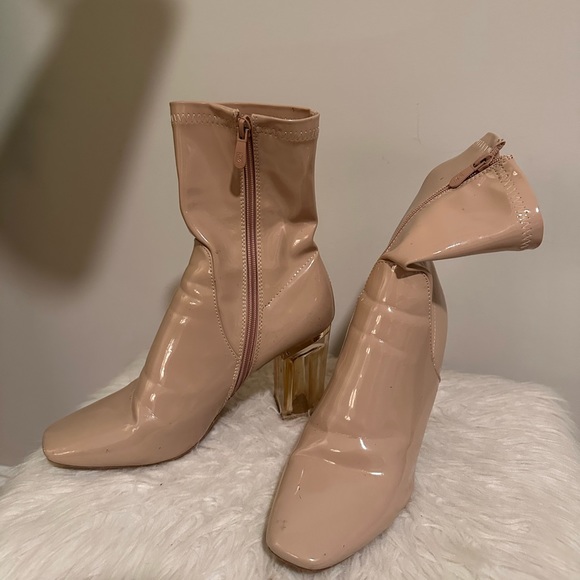 Nude Patent Leather Booties with Pink Lucite Block heels - Picture 4 of 5